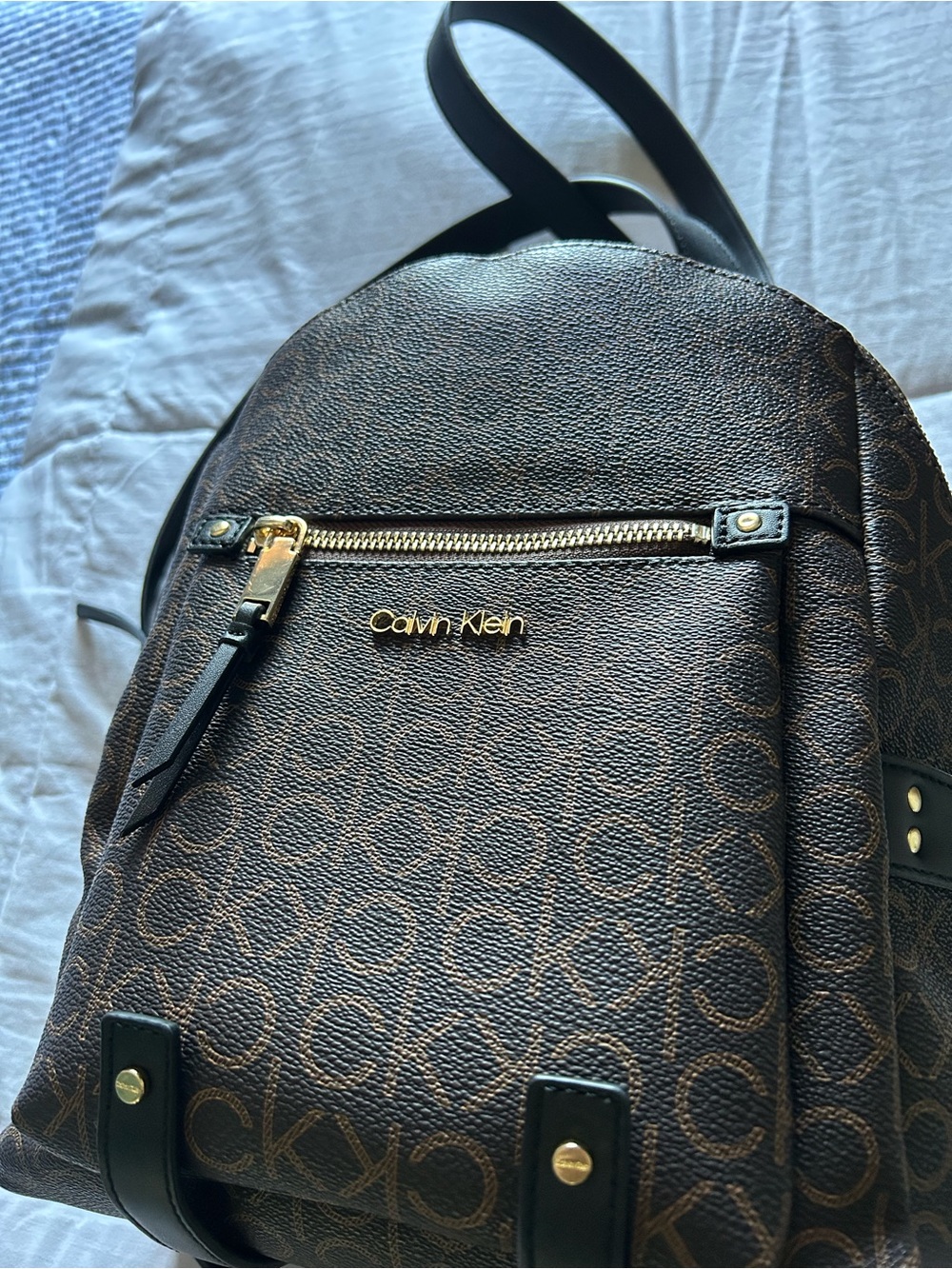 Calvin Klein Brown Monogram Logo Backpack with Gold Hardware